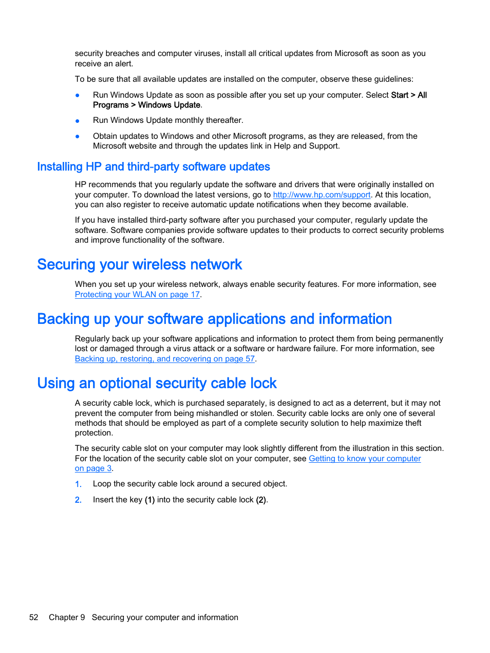 Installing hp and third-party software updates, Securing your wireless network, Using an optional security cable lock | HP 245 G3 Notebook PC User Manual | Page 62 / 83