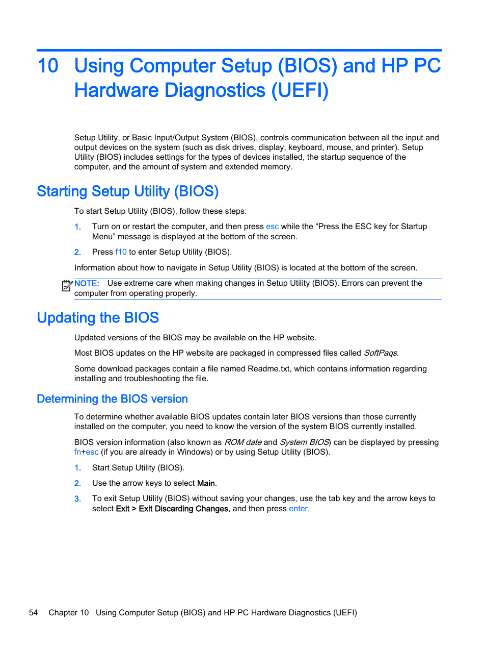 Starting setup utility (bios), Updating the bios, Determining the bios version | Starting setup utility (bios) updating the bios | HP 245 G3 Notebook PC User Manual | Page 64 / 83