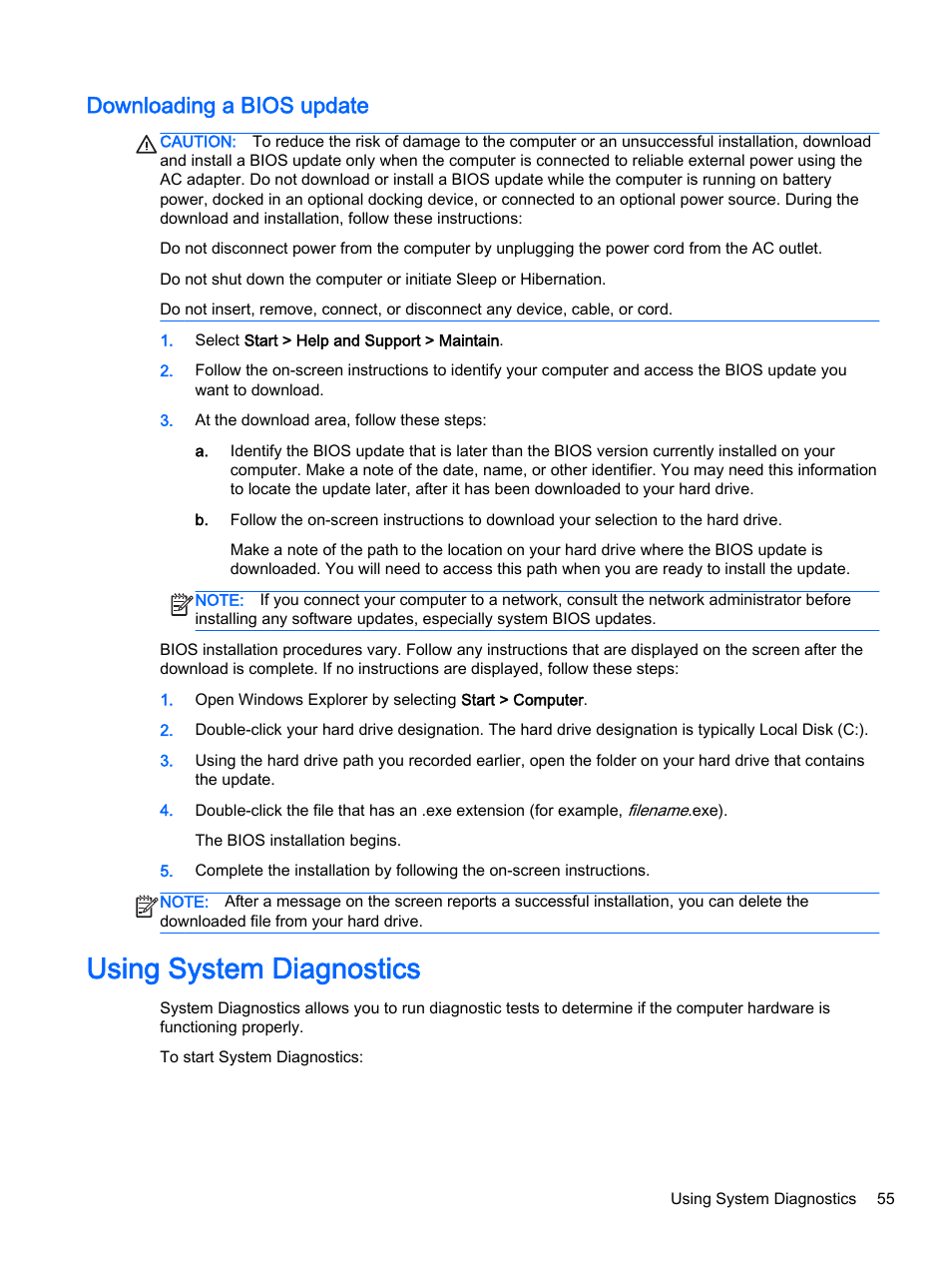 Downloading a bios update, Using system diagnostics | HP 245 G3 Notebook PC User Manual | Page 65 / 83