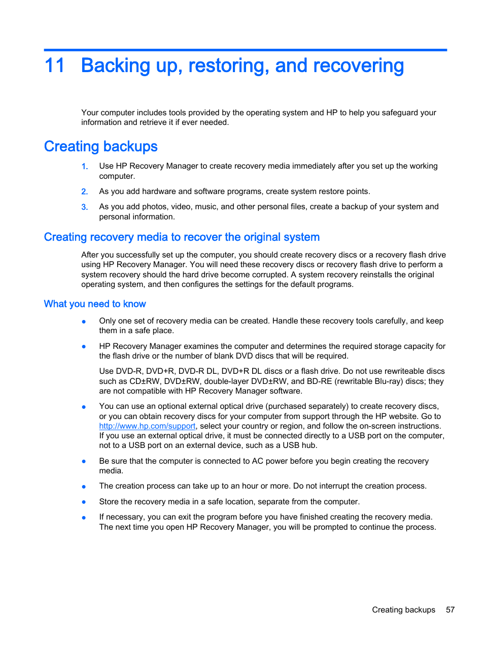 Backing up, restoring, and recovering, Creating backups, What you need to know | 11 backing up, restoring, and recovering, Backing up | HP 245 G3 Notebook PC User Manual | Page 67 / 83