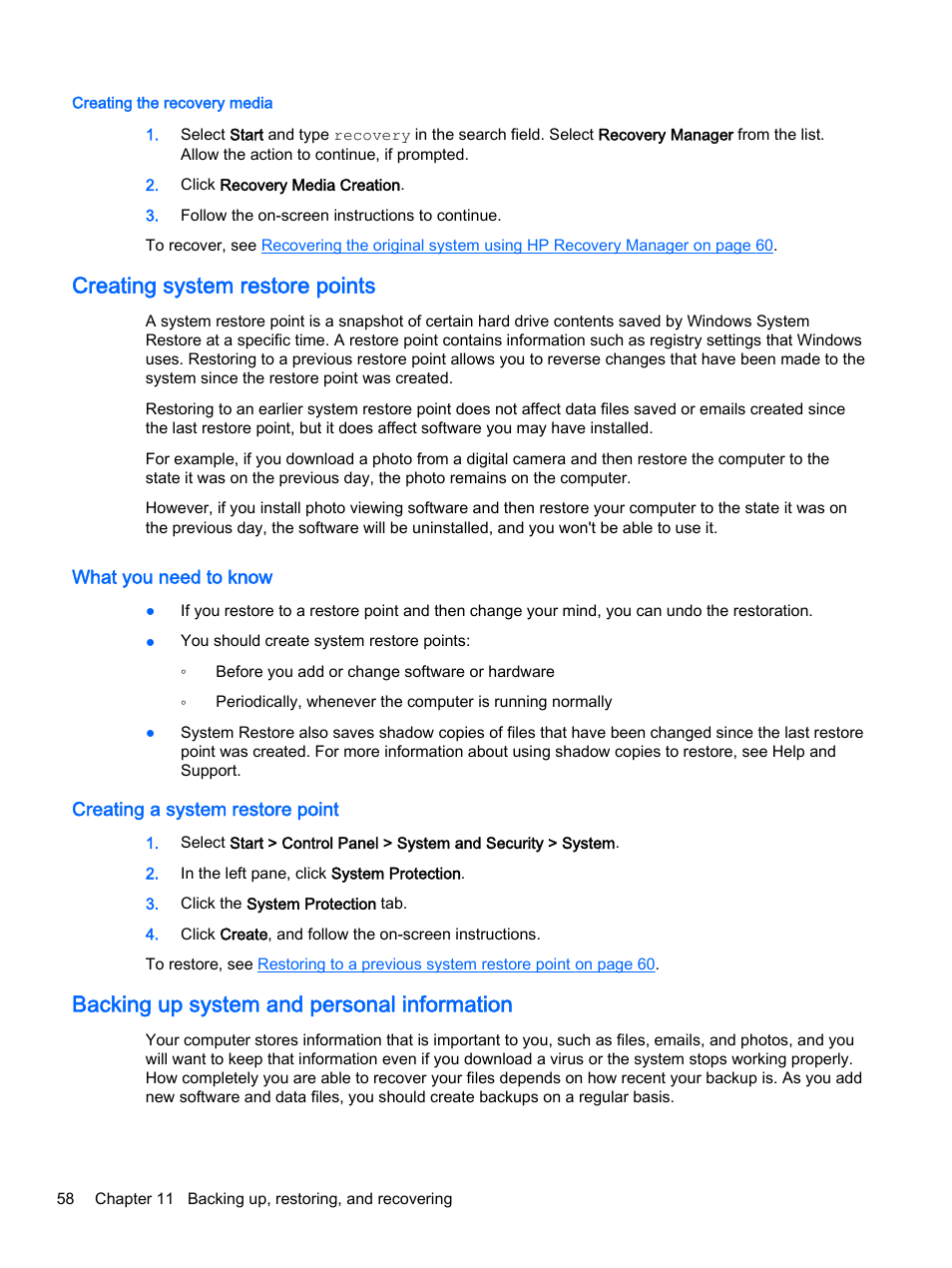 Creating the recovery media, Creating system restore points, What you need to know | Creating a system restore point, Backing up system and personal information | HP 245 G3 Notebook PC User Manual | Page 68 / 83