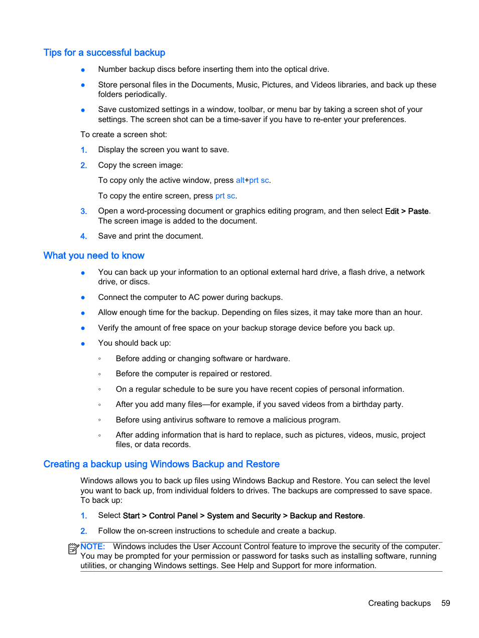 Tips for a successful backup, What you need to know, Creating a backup using windows backup and restore | HP 245 G3 Notebook PC User Manual | Page 69 / 83