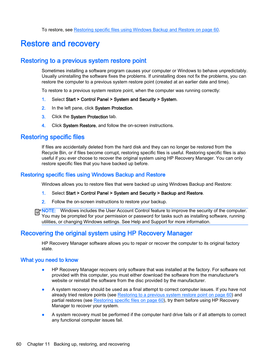 Restore and recovery, Restoring to a previous system restore point, Restoring specific files | What you need to know | HP 245 G3 Notebook PC User Manual | Page 70 / 83