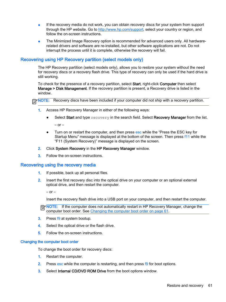 Recovering using the recovery media, Changing the computer boot order | HP 245 G3 Notebook PC User Manual | Page 71 / 83