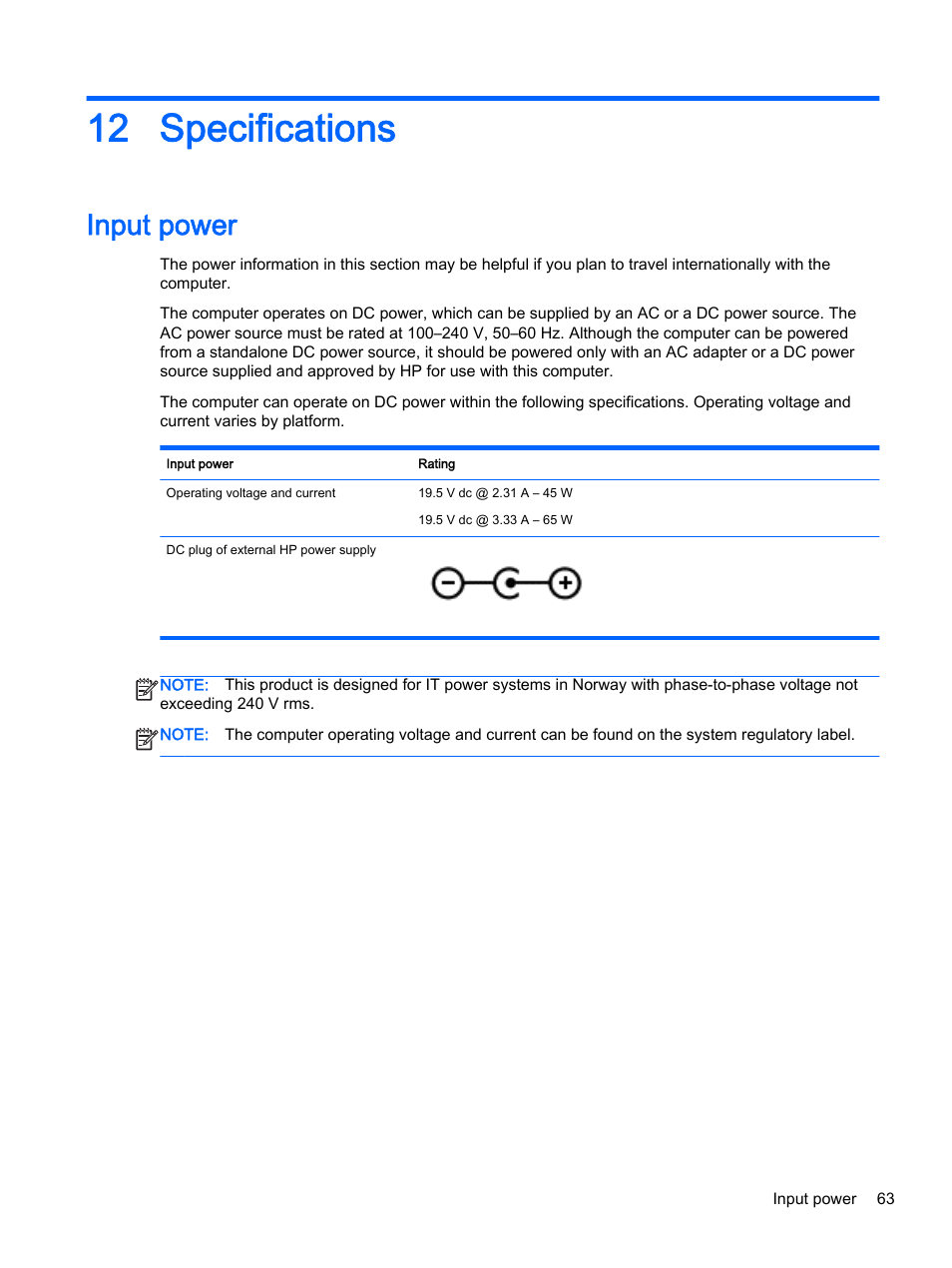 Specifications, Input power, 12 specifications | HP 245 G3 Notebook PC User Manual | Page 73 / 83