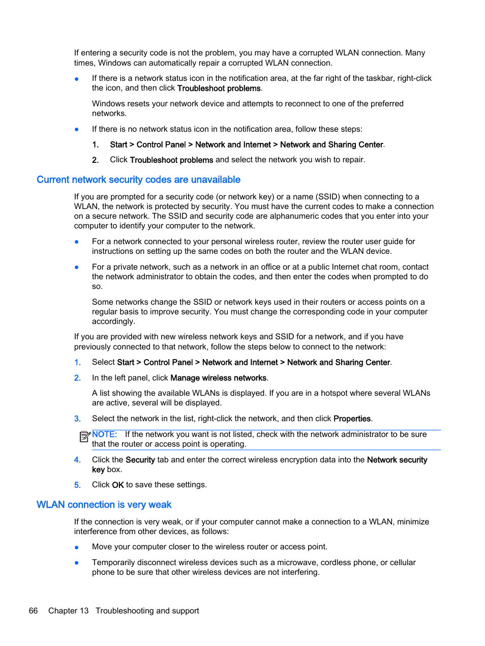Current network security codes are unavailable, Wlan connection is very weak | HP 245 G3 Notebook PC User Manual | Page 76 / 83