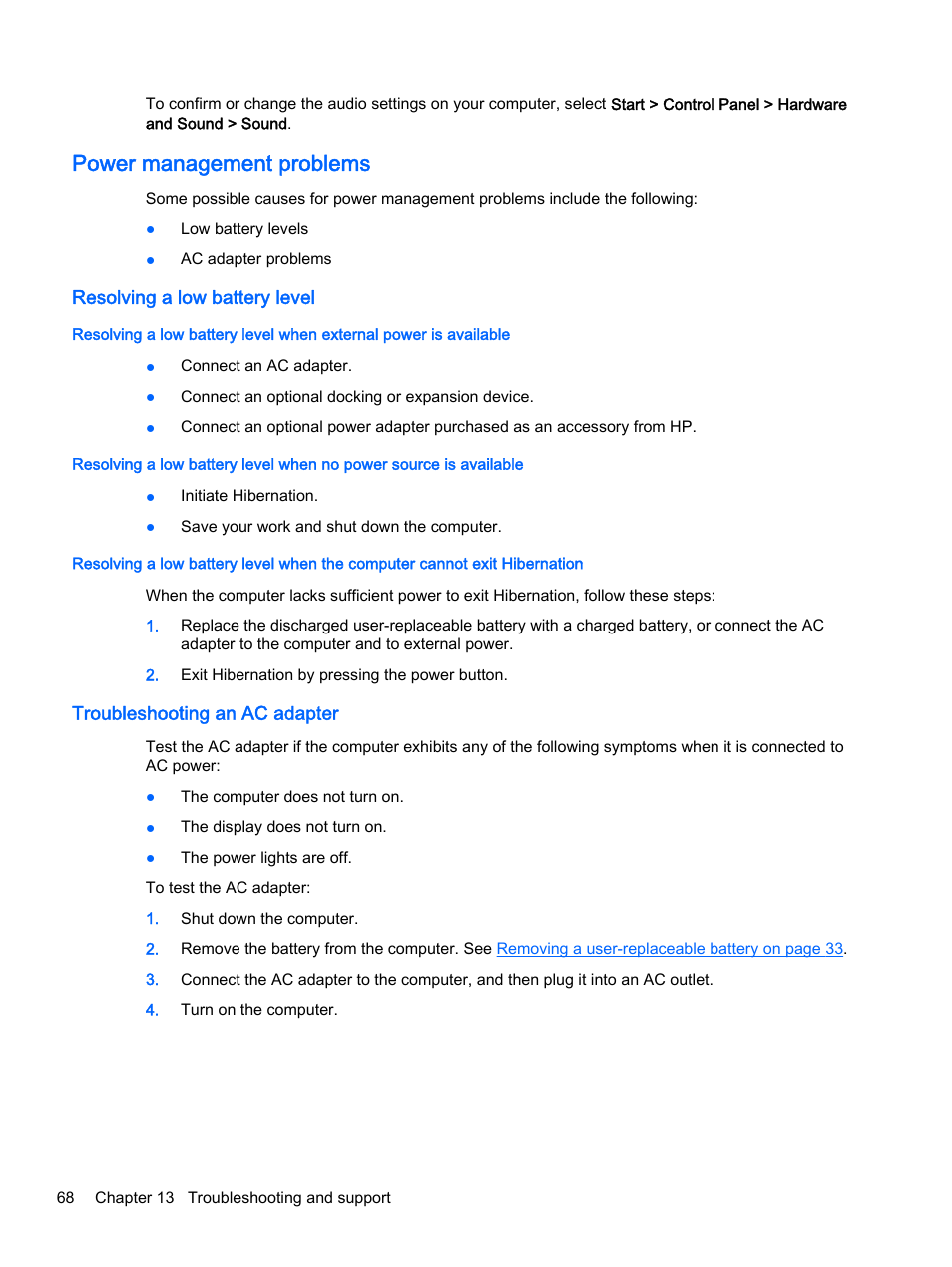 Power management problems, Resolving a low battery level, Troubleshooting an ac adapter | HP 245 G3 Notebook PC User Manual | Page 78 / 83