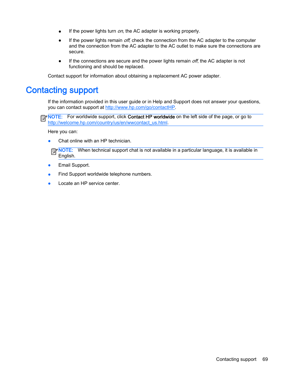 Contacting support | HP 245 G3 Notebook PC User Manual | Page 79 / 83