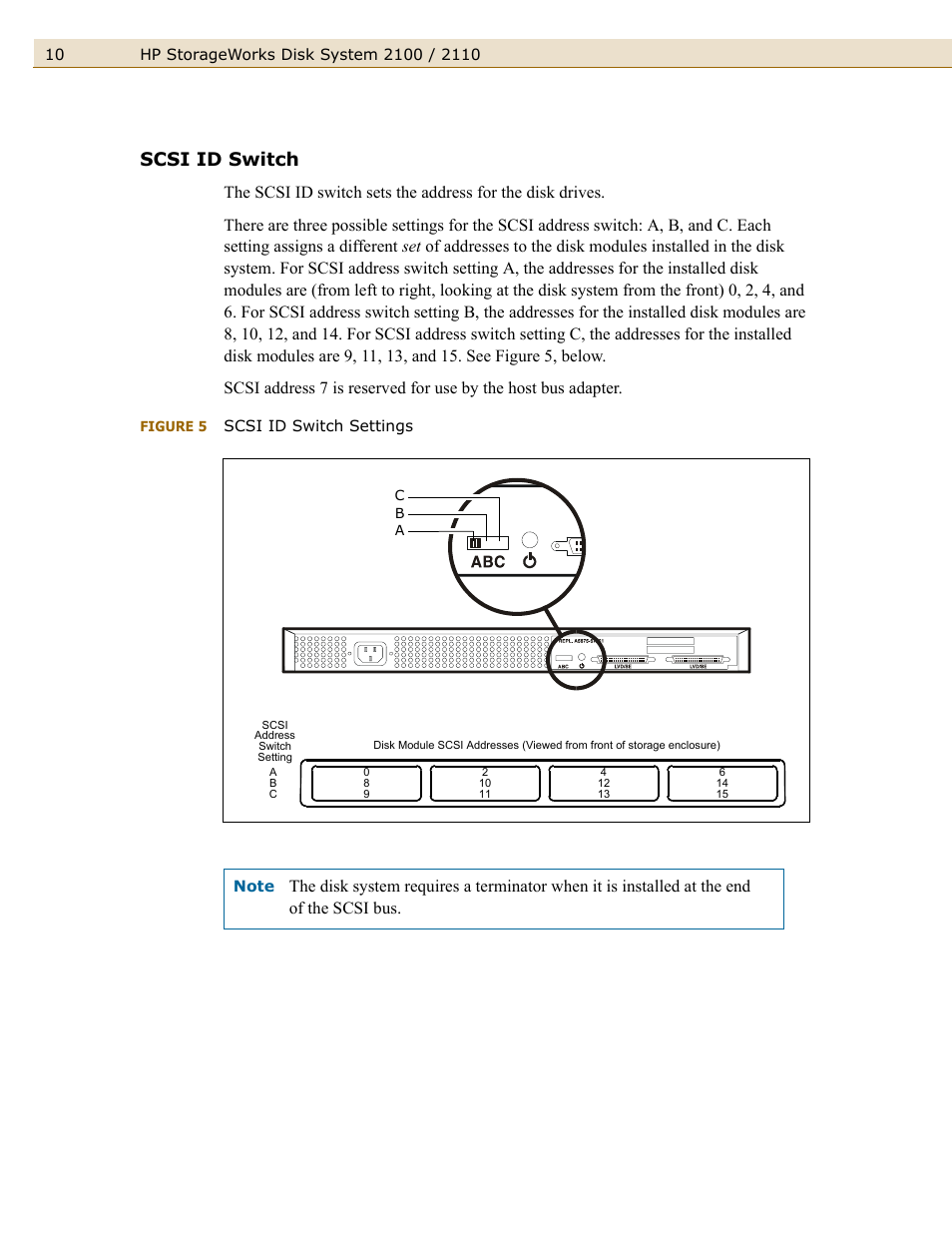 Scsi id switch, Figure 5, Scsi id switch settings | HP StorageWorks 2110 Disk System User Manual | Page 10 / 42