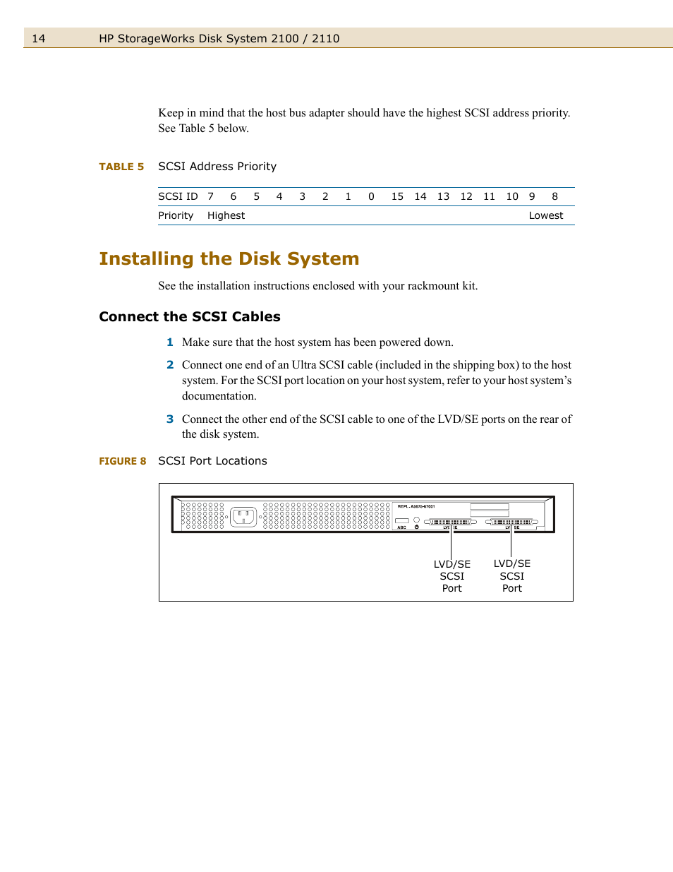 Installing the disk system, Connect the scsi cables, Figure 8 | Scsi port locations, Table 5, Scsi address priority | HP StorageWorks 2110 Disk System User Manual | Page 14 / 42