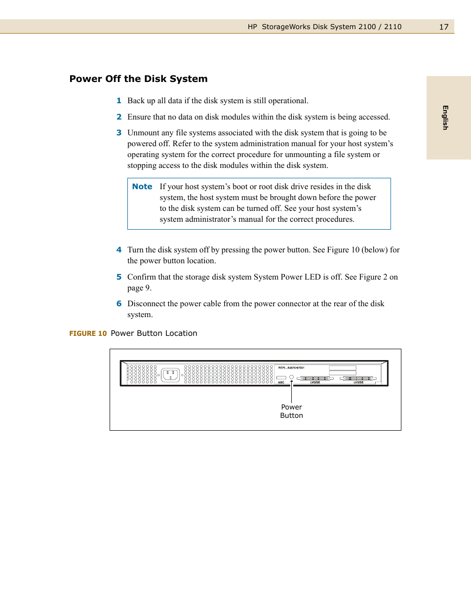 Power off the disk system, Figure 10, Power button location | HP StorageWorks 2110 Disk System User Manual | Page 17 / 42