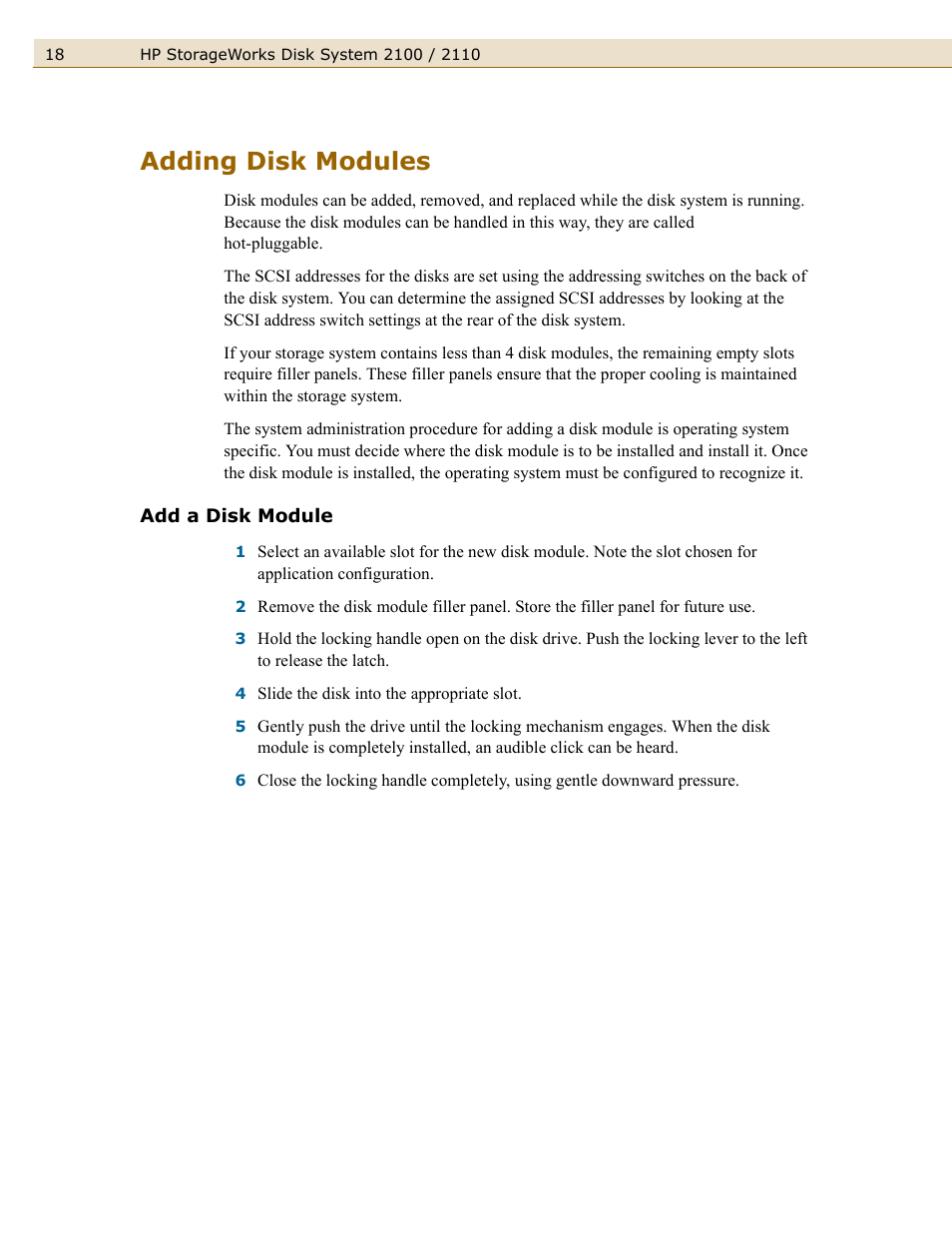Adding disk modules, Add a disk module | HP StorageWorks 2110 Disk System User Manual | Page 18 / 42