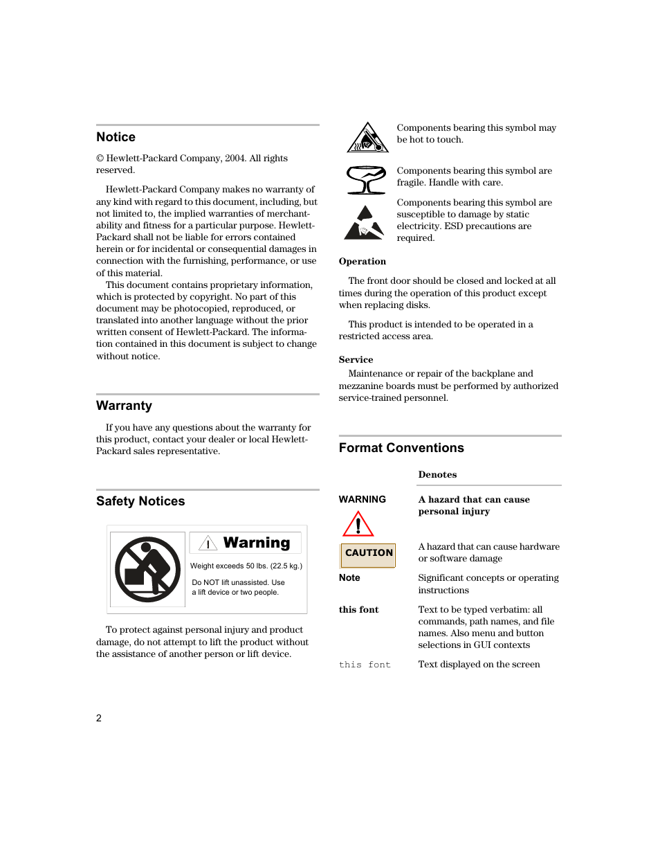 Warning, Notice, Warranty | Safety notices, Format conventions | HP StorageWorks 2110 Disk System User Manual | Page 2 / 42