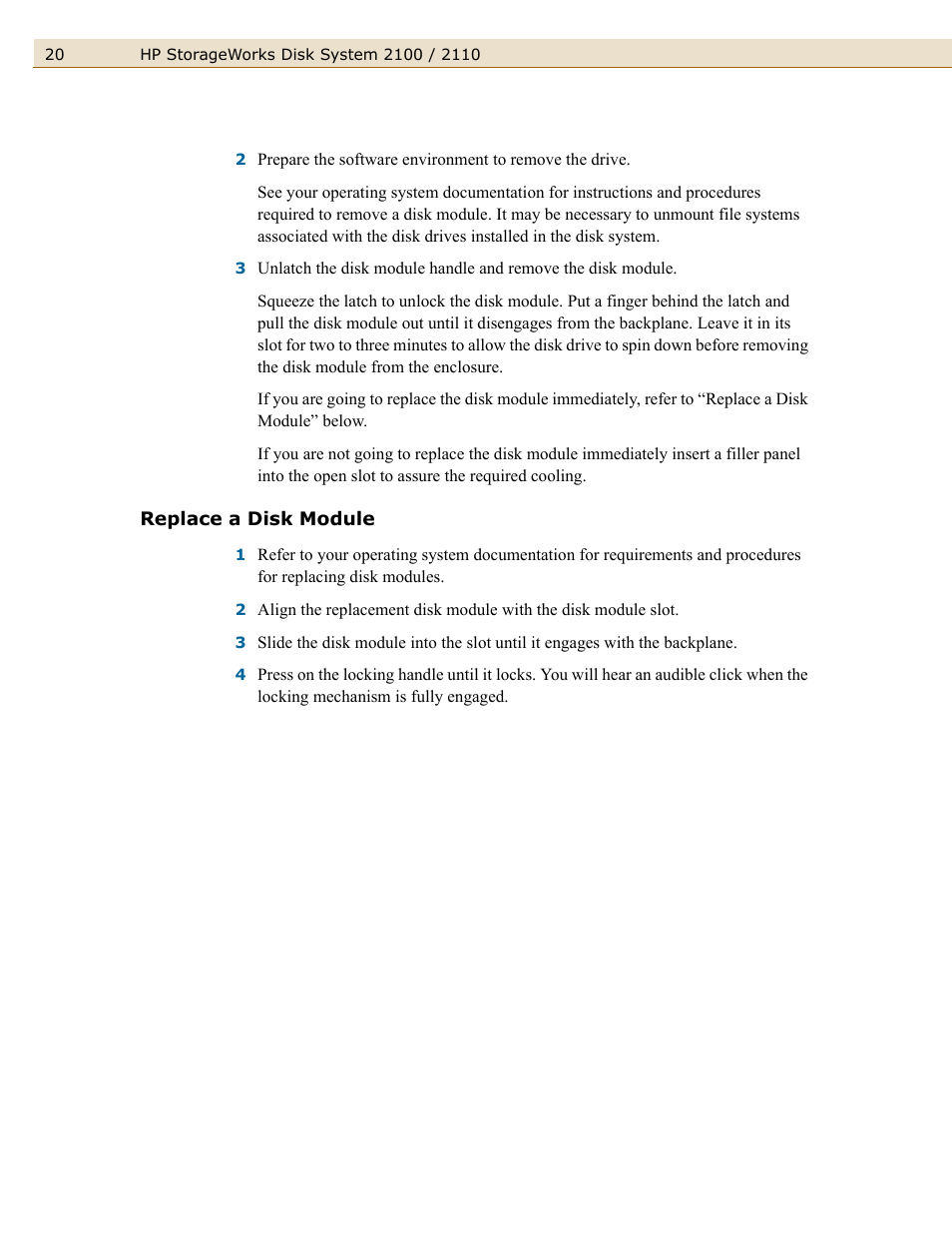 Replace a disk module | HP StorageWorks 2110 Disk System User Manual | Page 20 / 42