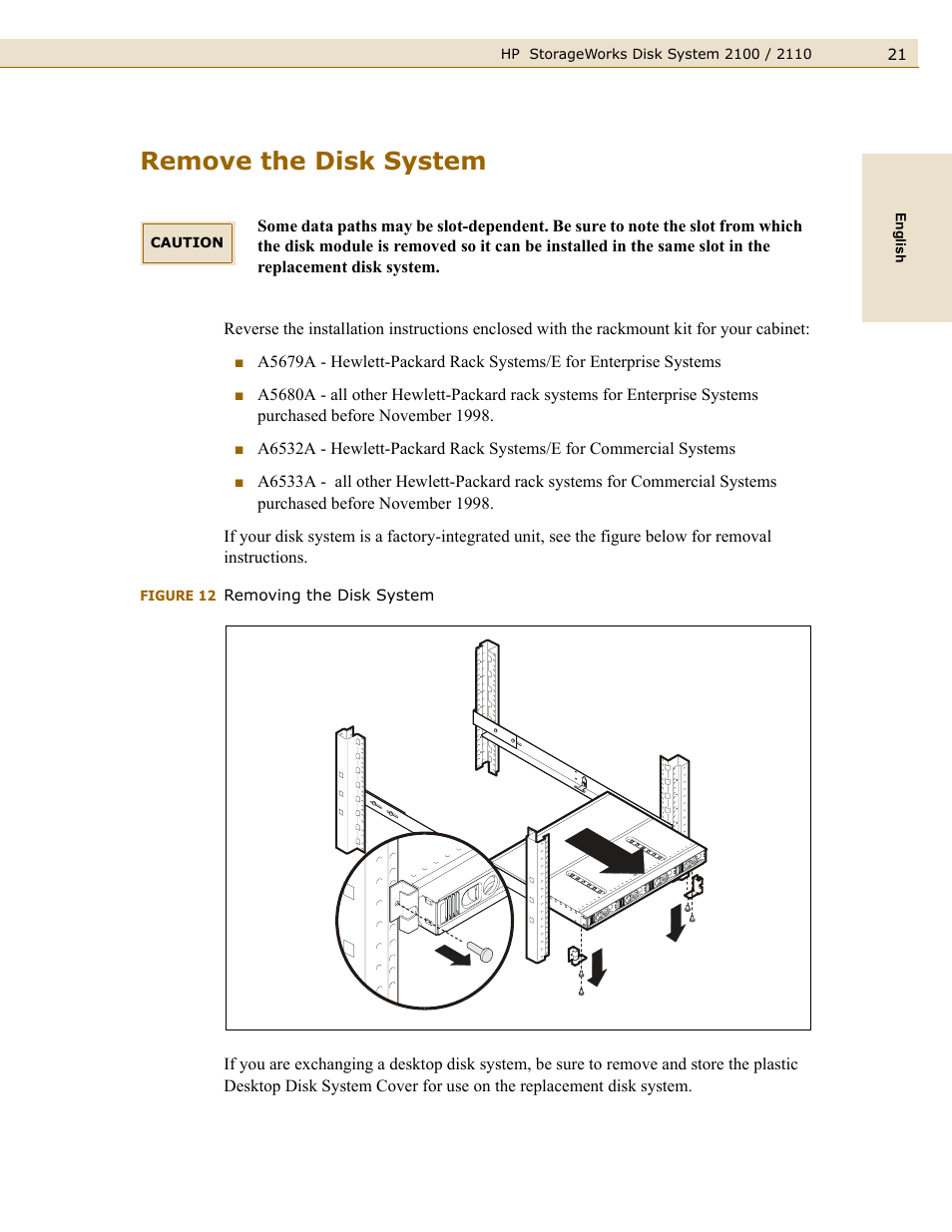 Remove the disk system, Figure 12, Removing the disk system | HP StorageWorks 2110 Disk System User Manual | Page 21 / 42