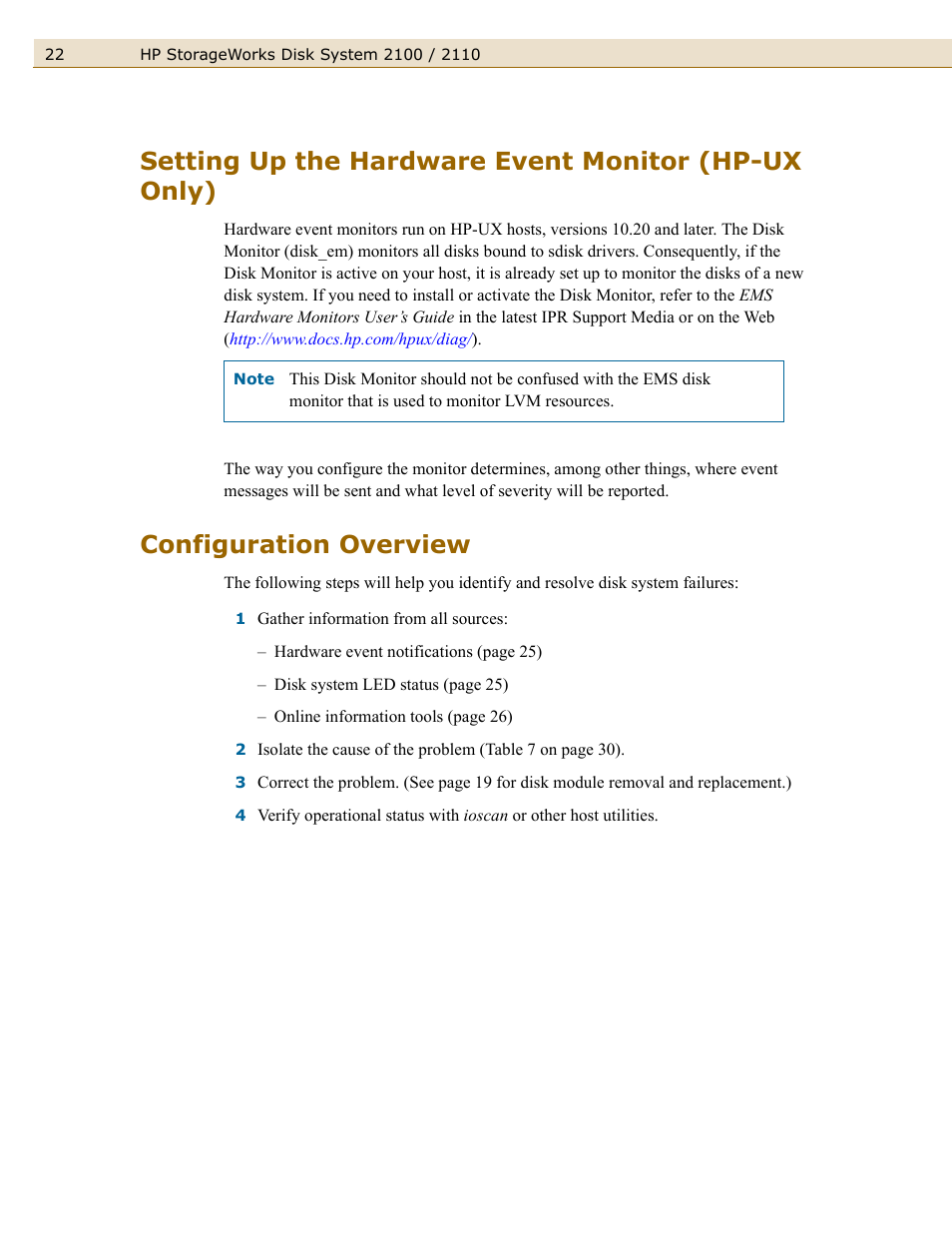 Setting up the hardware event monitor (hp-ux only), Configuration overview | HP StorageWorks 2110 Disk System User Manual | Page 22 / 42