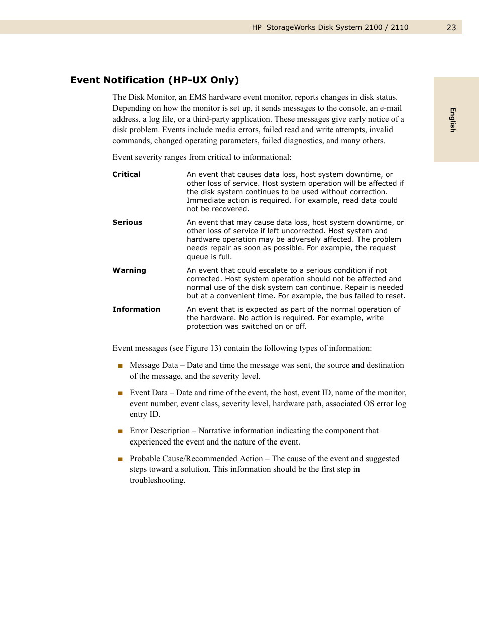 Event notification (hp-ux only) | HP StorageWorks 2110 Disk System User Manual | Page 23 / 42