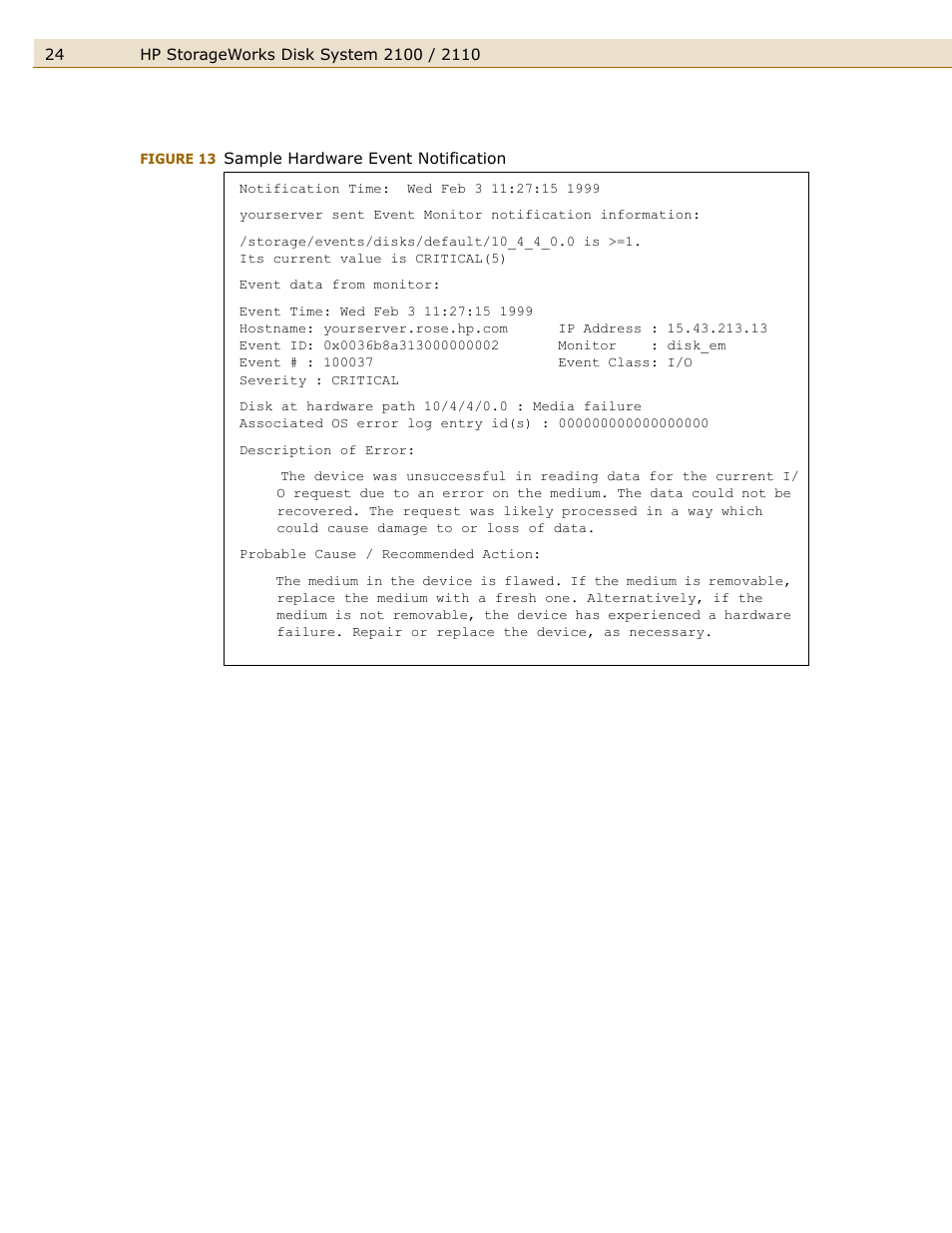Figure 13, Sample hardware event notification | HP StorageWorks 2110 Disk System User Manual | Page 24 / 42