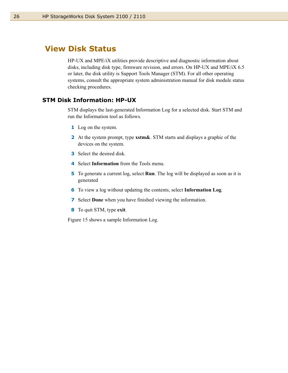 View disk status, Stm disk information: hp-ux | HP StorageWorks 2110 Disk System User Manual | Page 26 / 42