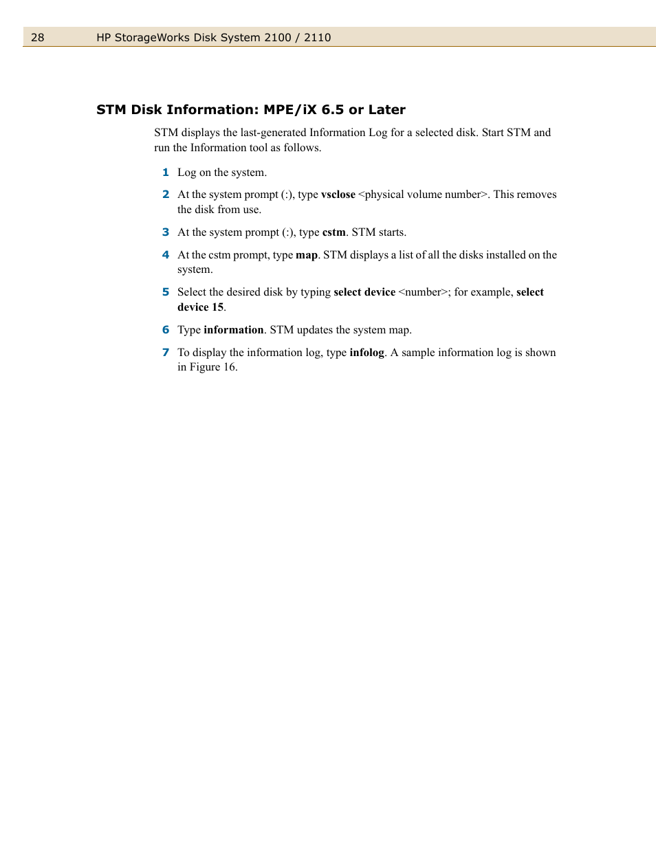 Stm disk information: mpe/ix 6.5 or later | HP StorageWorks 2110 Disk System User Manual | Page 28 / 42