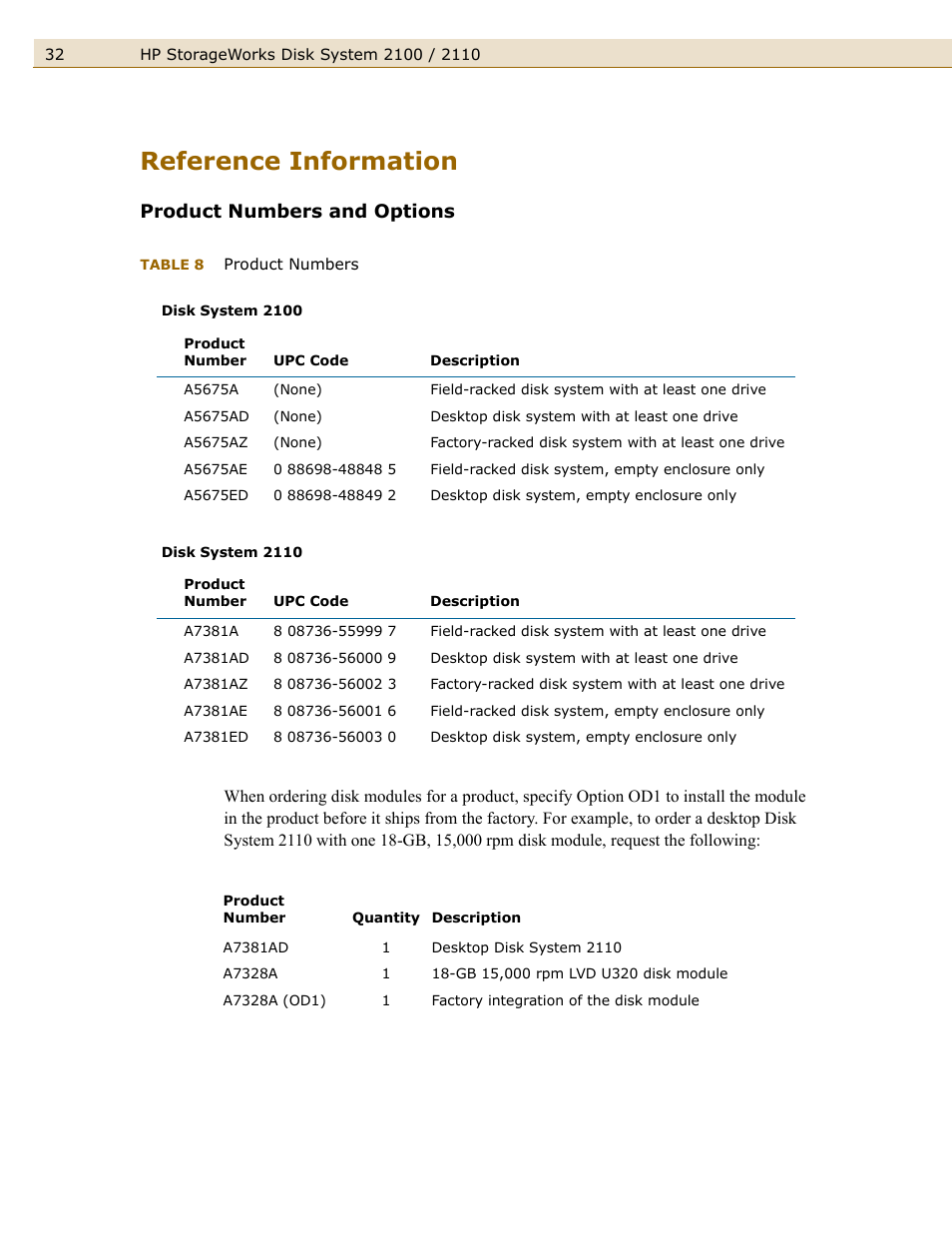 Reference information, Product numbers and options, Table 8 | Product numbers | HP StorageWorks 2110 Disk System User Manual | Page 32 / 42