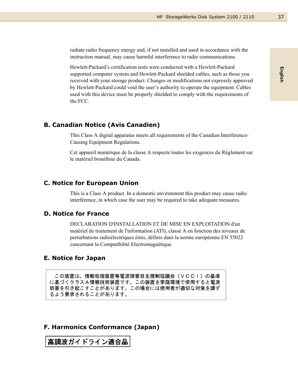 B. canadian notice (avis canadien), C. notice for european union, D. notice for france | E. notice for japan, F. harmonics conformance (japan) | HP StorageWorks 2110 Disk System User Manual | Page 37 / 42