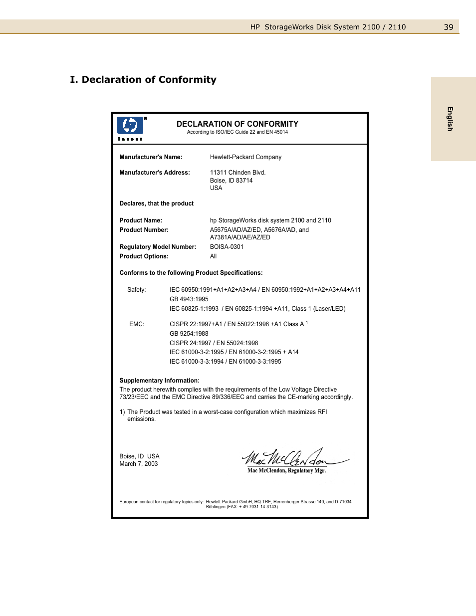 I. declaration of conformity, Declaration of conformity | HP StorageWorks 2110 Disk System User Manual | Page 39 / 42