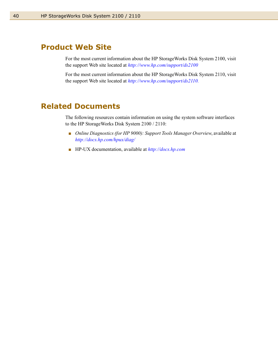 Product web site, Related documents, Product web site related documents | HP StorageWorks 2110 Disk System User Manual | Page 40 / 42