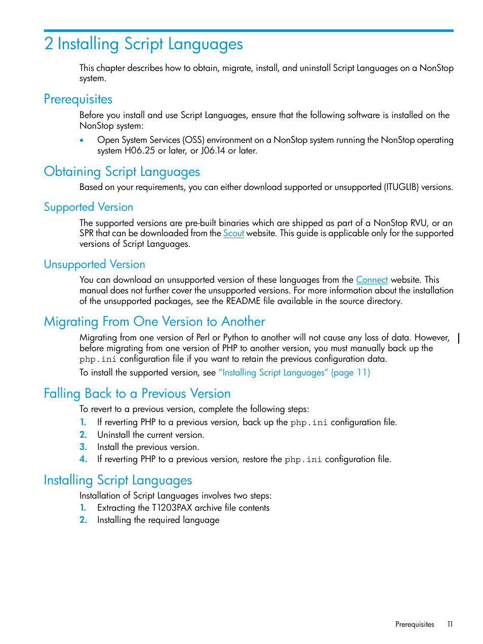 2 installing script languages, Prerequisites, Obtaining script languages | Supported version, Unsupported version, Migrating from one version to another, Falling back to a previous version, Installing script languages, Prerequisites obtaining script languages, Supported version unsupported version | HP Integrity NonStop J-Series User Manual | Page 11 / 17