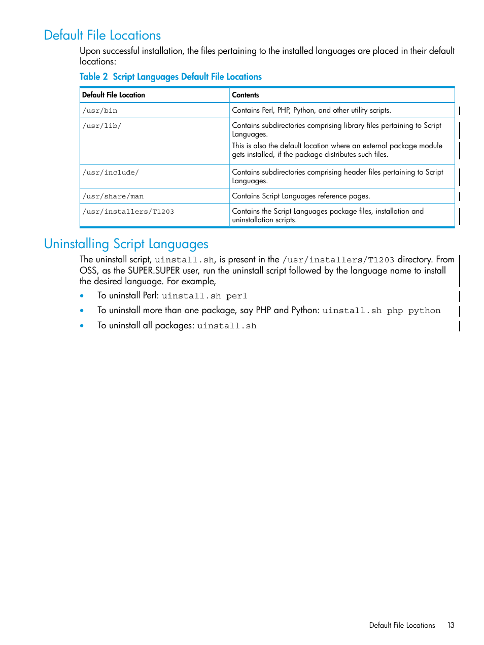 Default file locations, Uninstalling script languages, Script languages default file locations | HP Integrity NonStop J-Series User Manual | Page 13 / 17