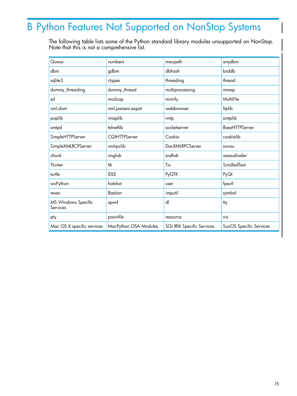 B python features not supported on nonstop systems | HP Integrity NonStop J-Series User Manual | Page 15 / 17