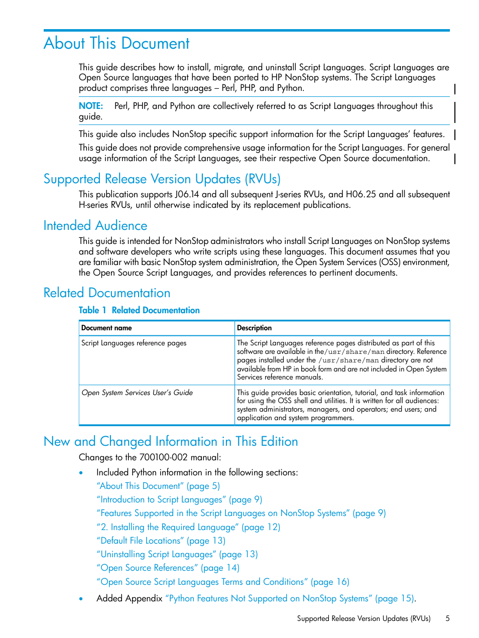 About this document, Supported release version updates (rvus), Intended audience | Related documentation, New and changed information in this edition | HP Integrity NonStop J-Series User Manual | Page 5 / 17