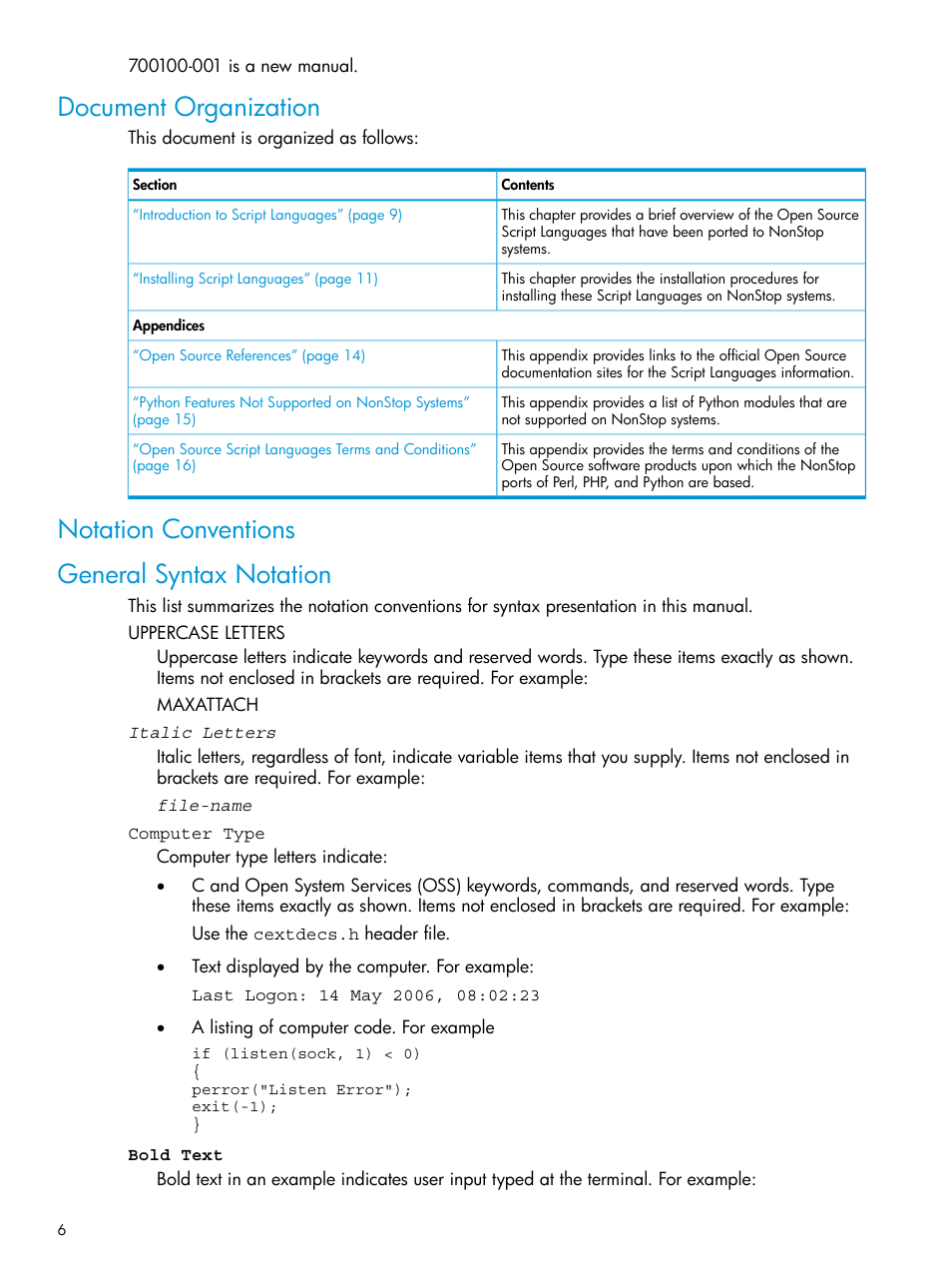 Document organization, Notation conventions, General syntax notation | Notation conventions general syntax notation | HP Integrity NonStop J-Series User Manual | Page 6 / 17