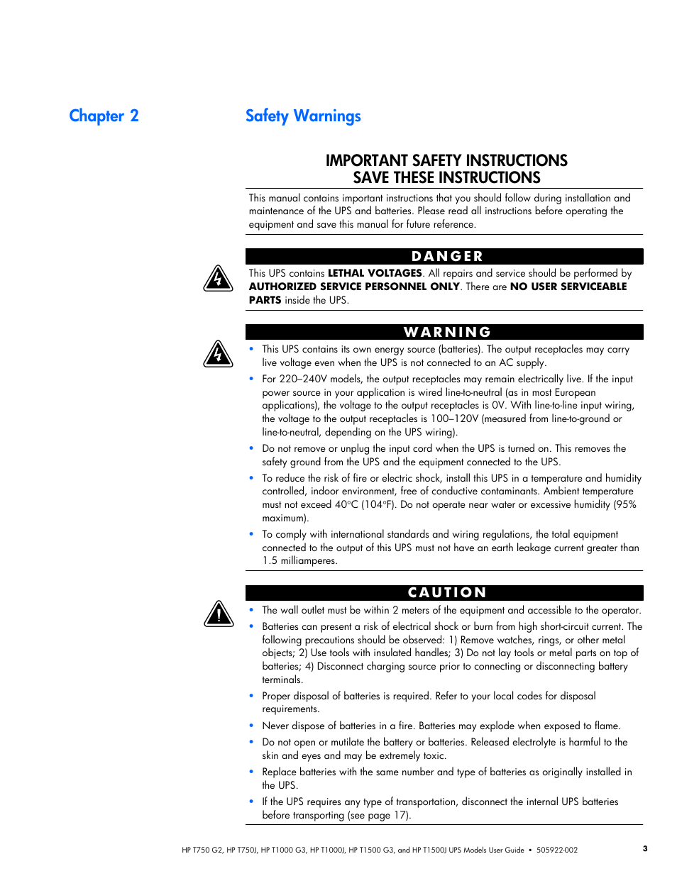 Chapter 2 safety warnings, Safety warnings | HP Tower Uninterruptible Power System User Manual | Page 10 / 38