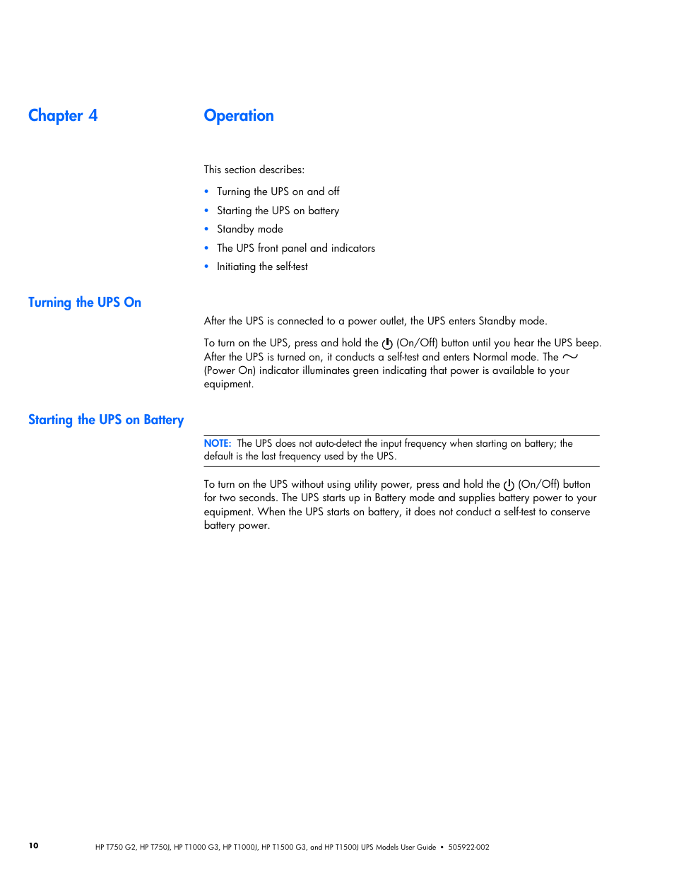 Chapter 4 operation, Turning the ups on, Starting the ups on battery | Operation | HP Tower Uninterruptible Power System User Manual | Page 17 / 38