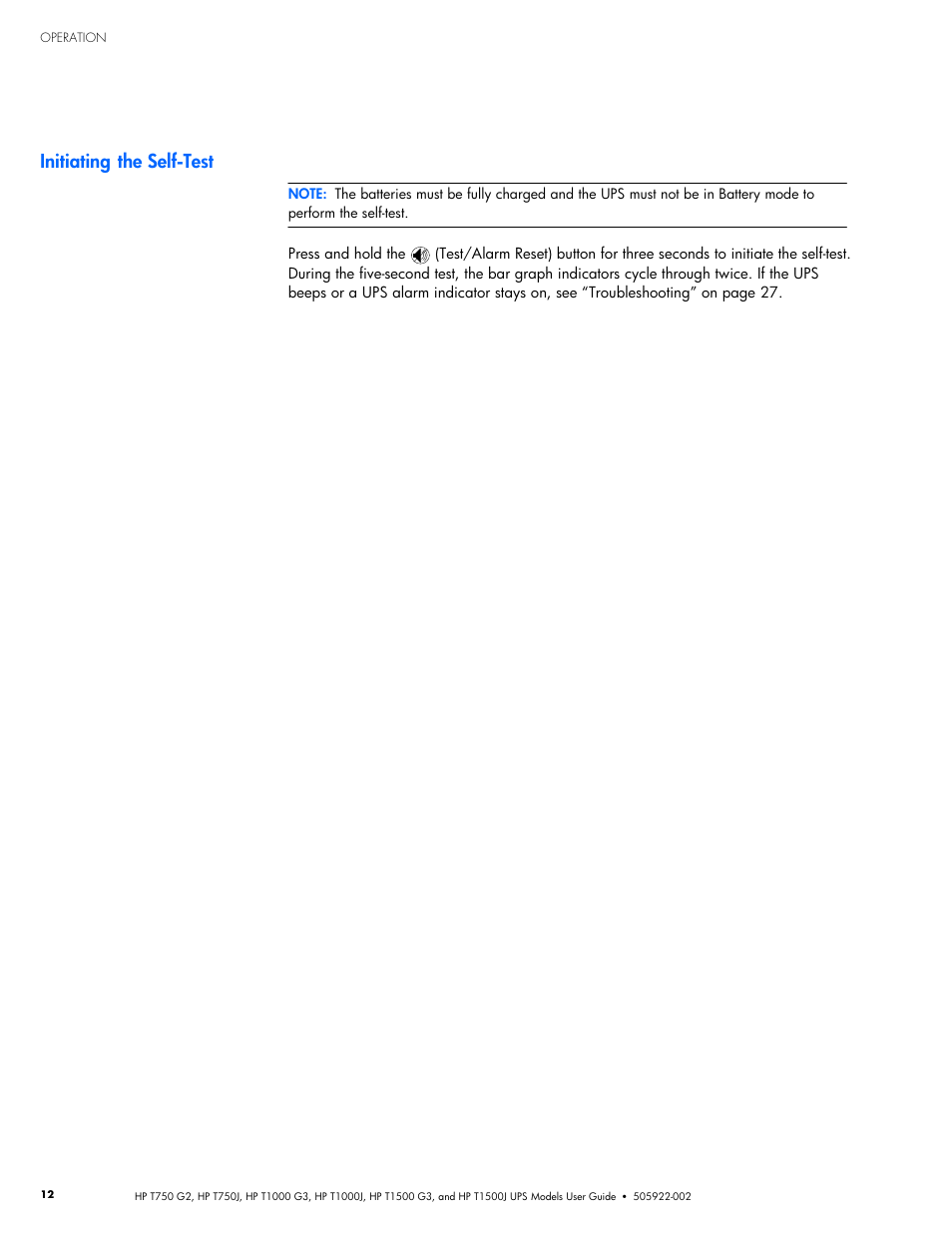 Initiating the self‐test | HP Tower Uninterruptible Power System User Manual | Page 19 / 38