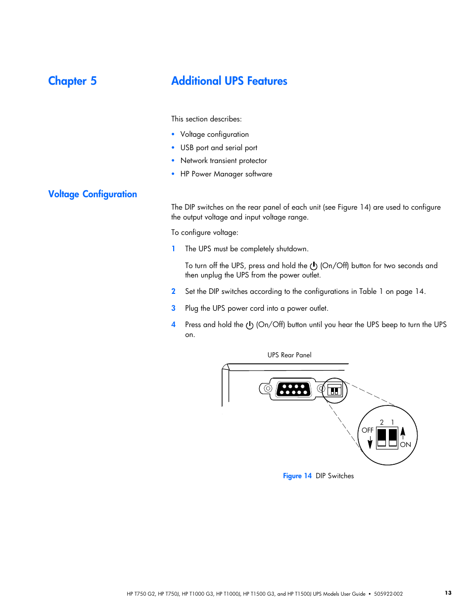 Chapter 5 additional ups features, Voltage configuration, Additional ups features | HP Tower Uninterruptible Power System User Manual | Page 20 / 38