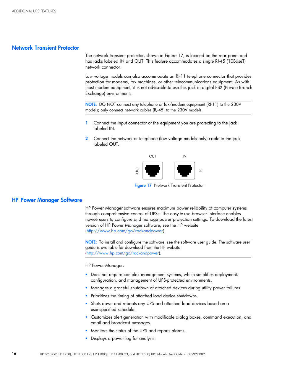 Network transient protector, Hp power manager software | HP Tower Uninterruptible Power System User Manual | Page 23 / 38