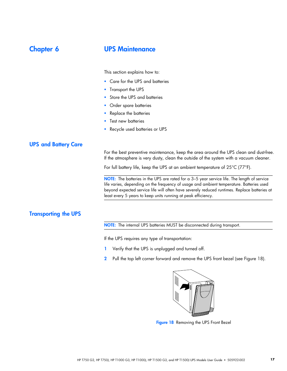 Chapter 6 ups maintenance, Ups and battery care, Transporting the ups | Ups maintenance | HP Tower Uninterruptible Power System User Manual | Page 24 / 38