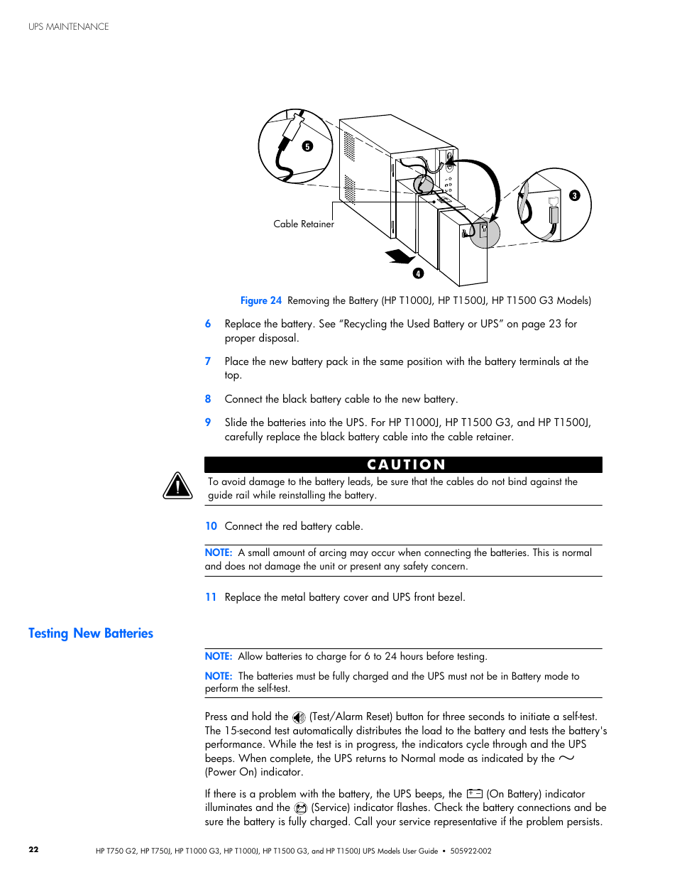 Testing new batteries, Hp t1500j, and hp t1500 g3 models, see figure 24 | HP Tower Uninterruptible Power System User Manual | Page 29 / 38