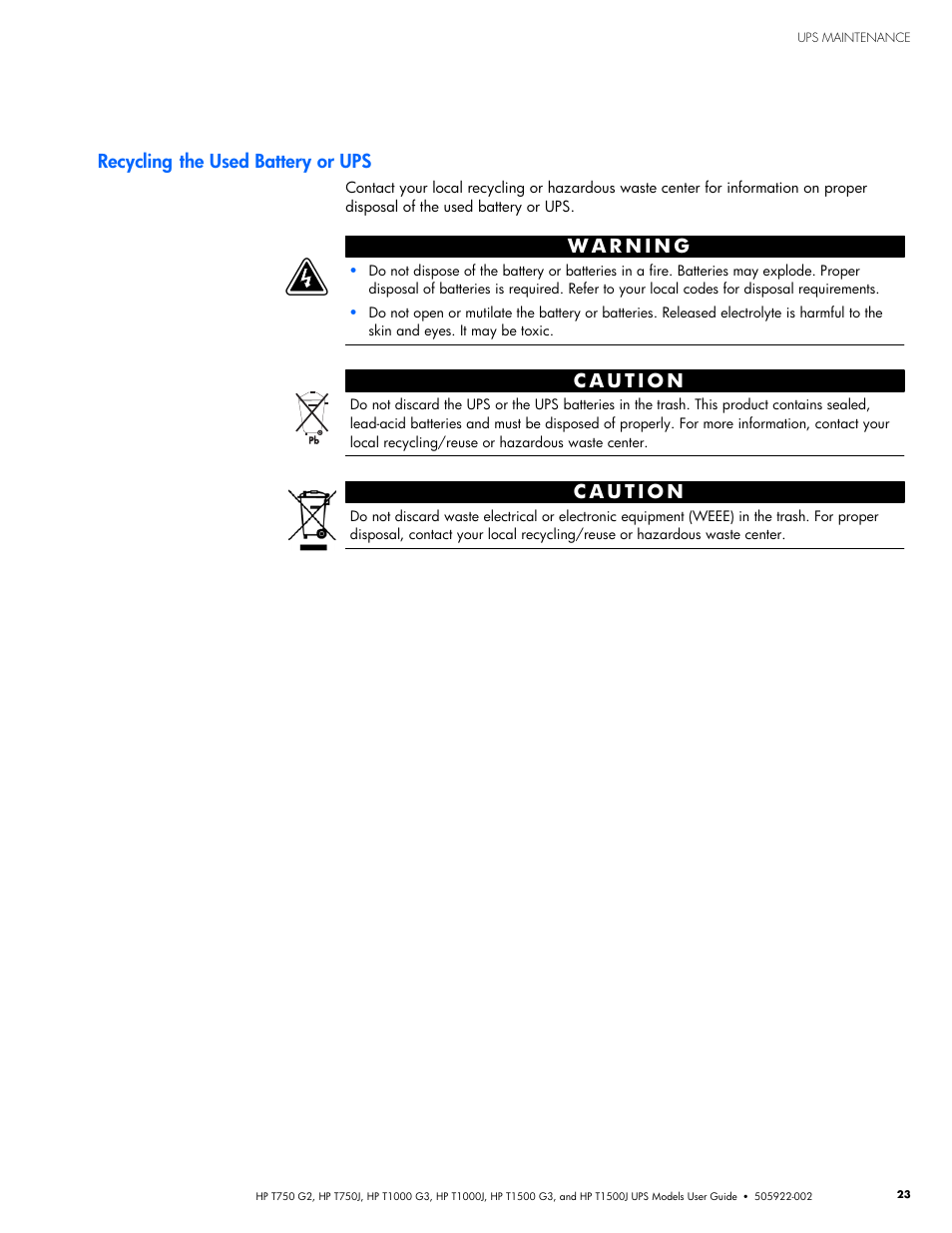 Recycling the used battery or ups | HP Tower Uninterruptible Power System User Manual | Page 30 / 38