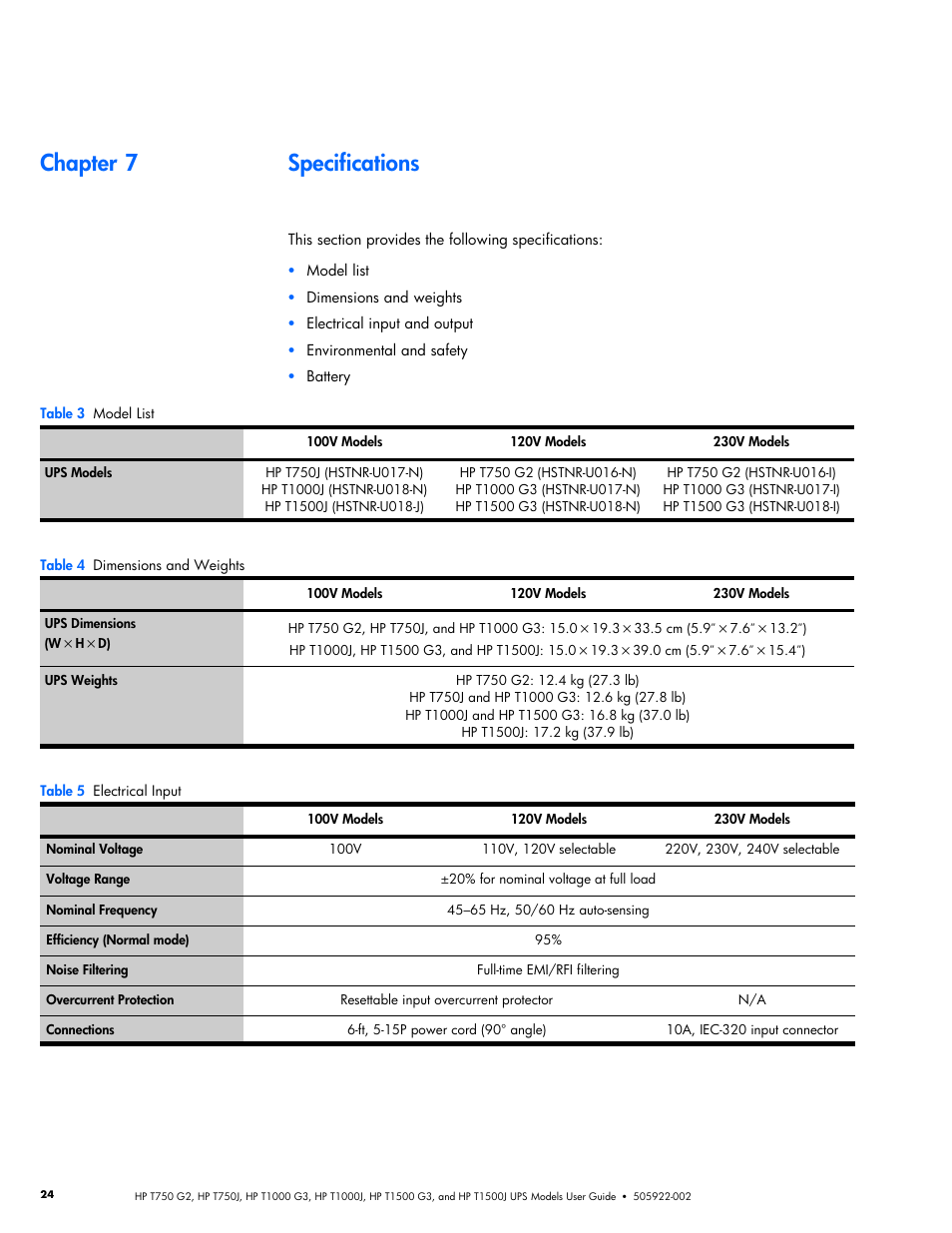 Chapter 7 specifications, Specifications | HP Tower Uninterruptible Power System User Manual | Page 31 / 38