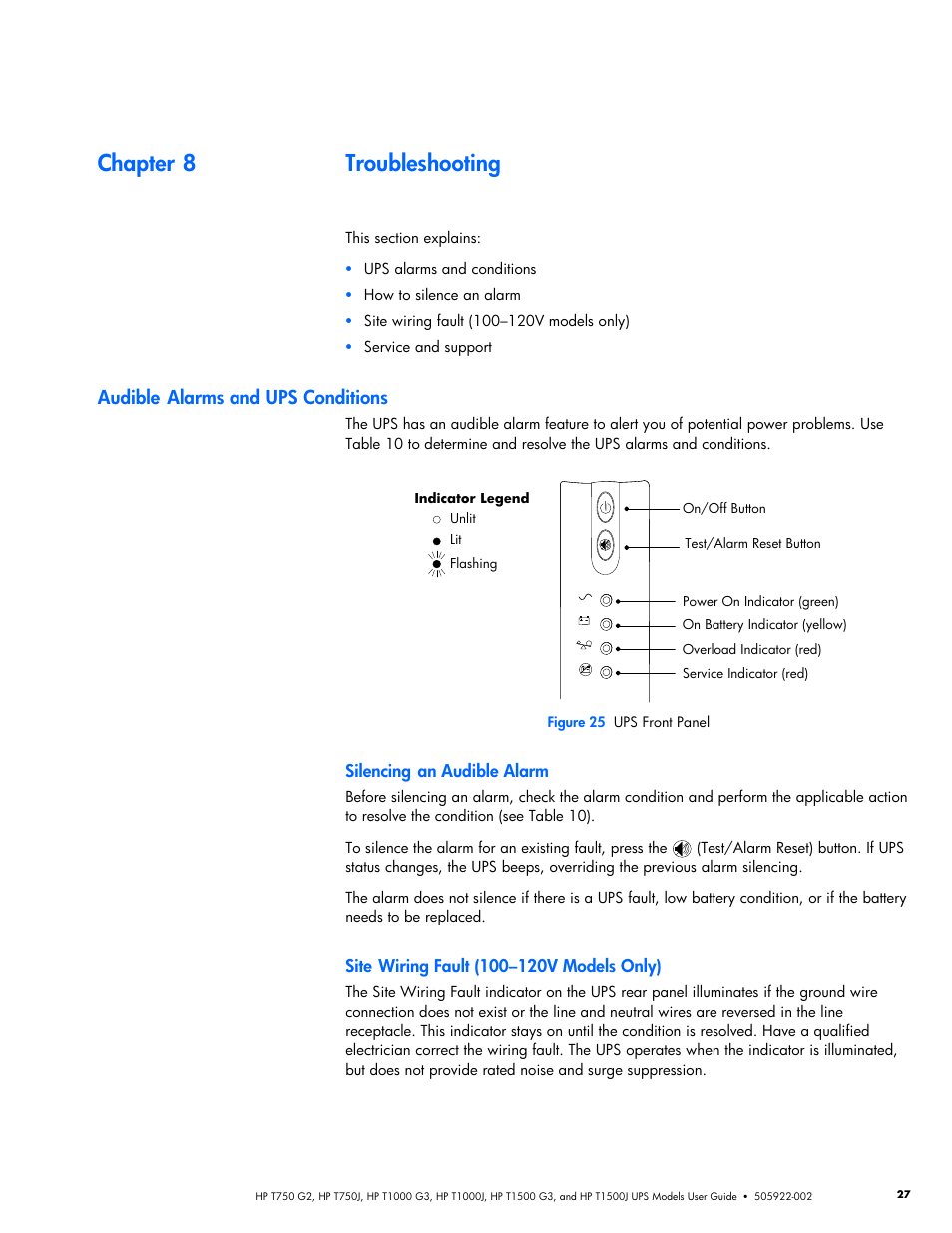 Chapter 8 troubleshooting, Audible alarms and ups conditions, Silencing an audible alarm | Site wiring fault (100–120v models only), Troubleshooting | HP Tower Uninterruptible Power System User Manual | Page 34 / 38