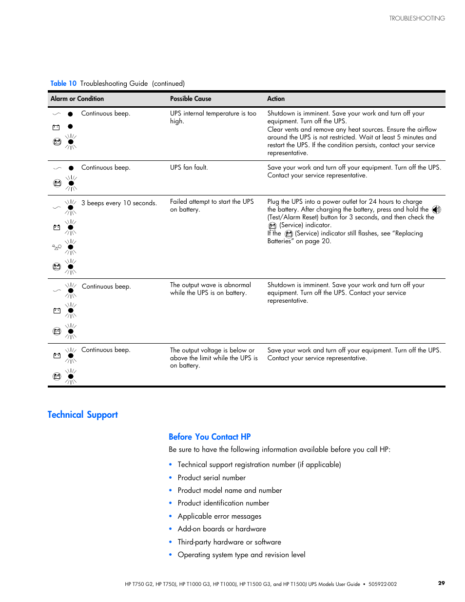 Technical support, Before you contact hp | HP Tower Uninterruptible Power System User Manual | Page 36 / 38