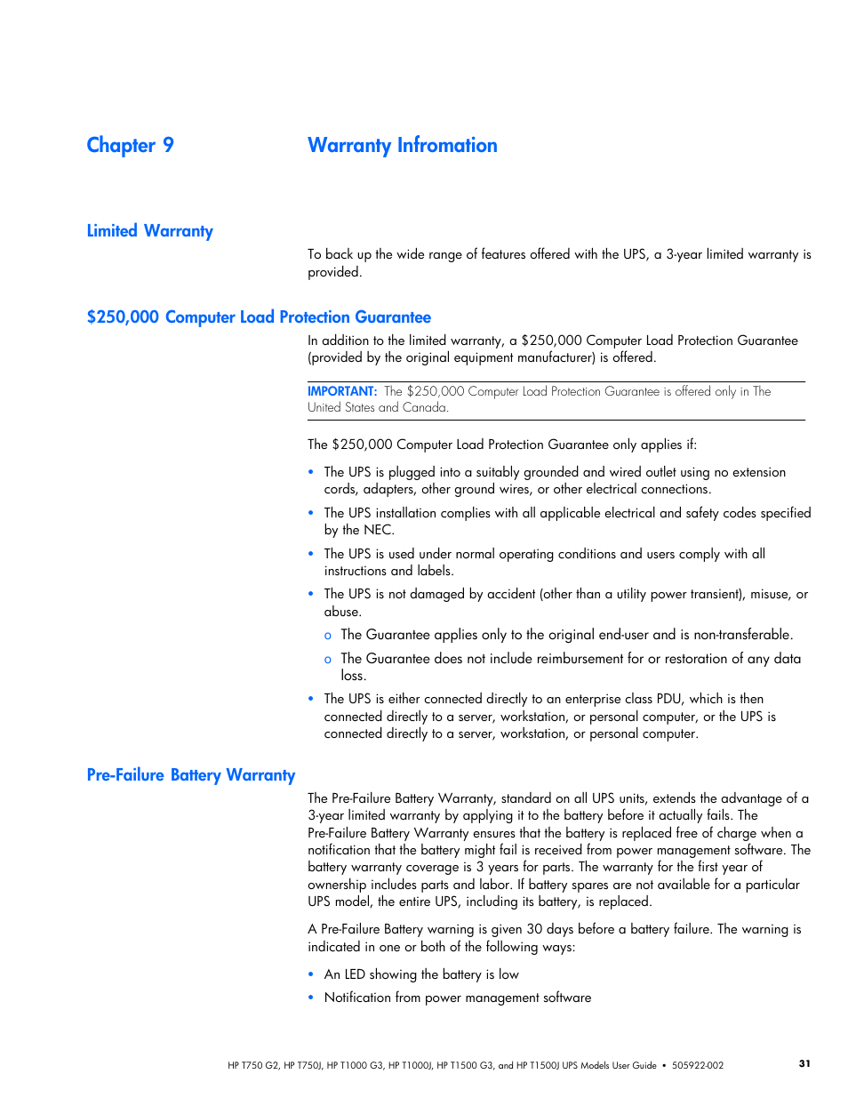 Chapter 9 warranty infromation, Limited warranty, 250,000 computer load protection guarantee | Pre-failure battery warranty, Warranty infromation | HP Tower Uninterruptible Power System User Manual | Page 38 / 38