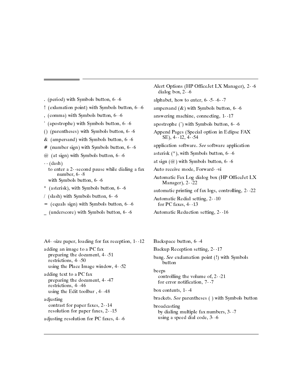Index, Symbols | HP Officejet Lx All-in-One User Manual | Page 210 / 223
