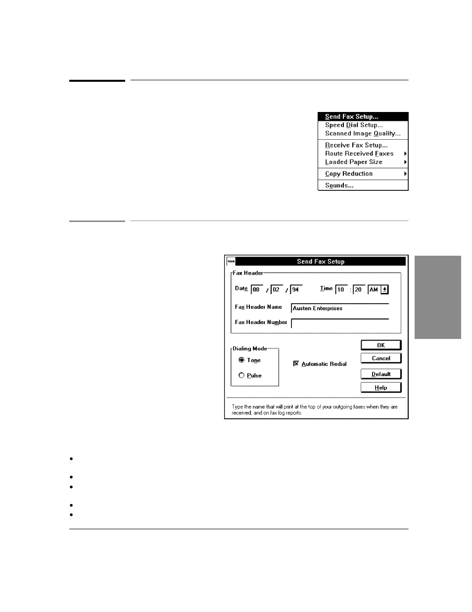 Using the officejet setup menu, Using send fax setup, Changing the header for your outgoing faxes | HP Officejet Lx All-in-One User Manual | Page 34 / 223