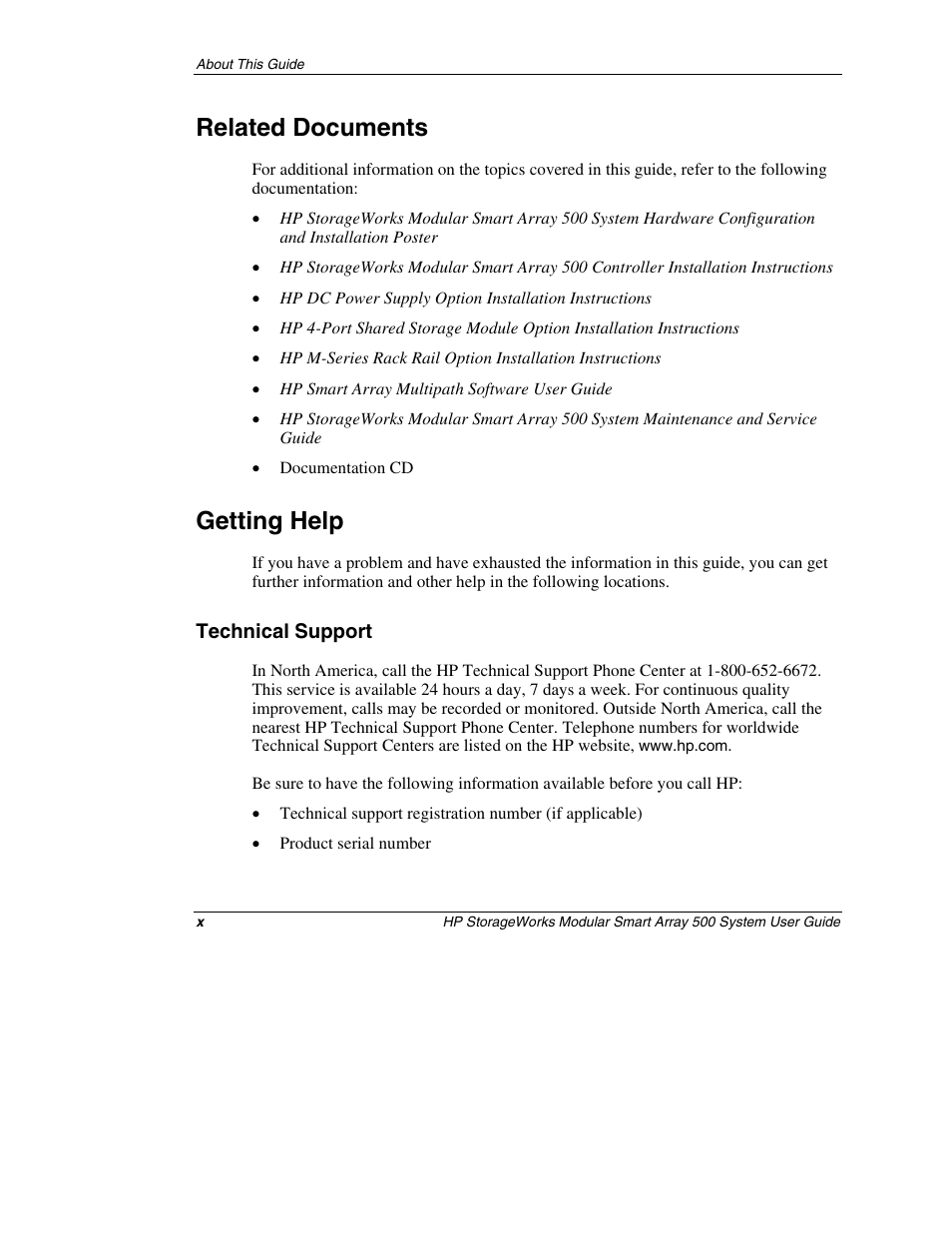 Related documents, Getting help, Technical support | HP StorageWorks 500 Modular Smart Array User Manual | Page 10 / 157