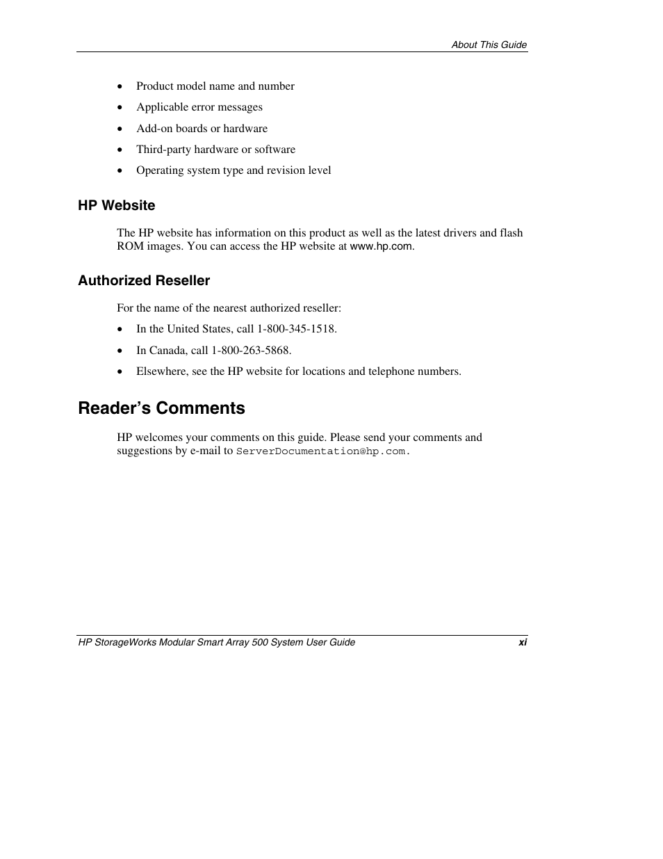 Hp website, Authorized reseller, Reader’s comments | HP StorageWorks 500 Modular Smart Array User Manual | Page 11 / 157