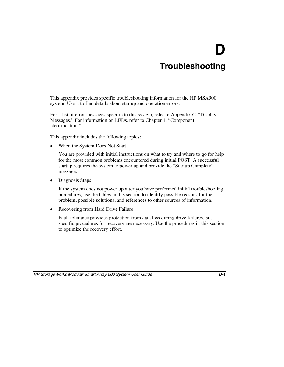 Appendix d: troubleshooting, Appendix d, Troubleshooting | HP StorageWorks 500 Modular Smart Array User Manual | Page 134 / 157